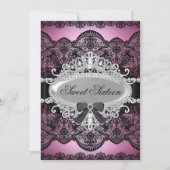 Elegant roze & Black Diamond Lace Sweet 16 Invite Kaart (Voorkant)