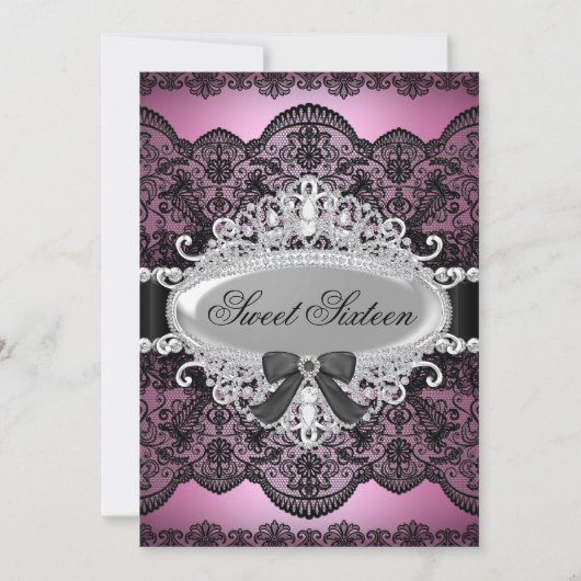 Elegant roze & Black Diamond Lace Sweet 16 Invite Kaart (Voorkant)