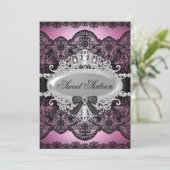 Elegant roze & Black Diamond Lace Sweet 16 Invite Kaart (Staand voorkant)