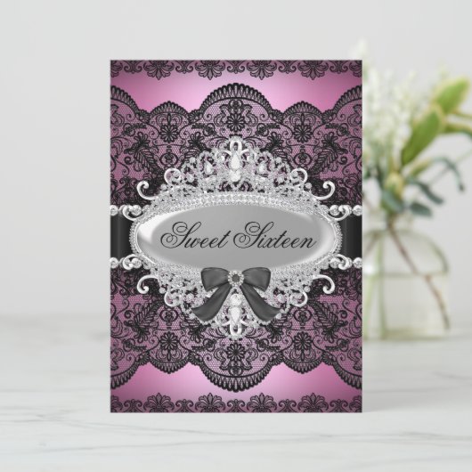 Elegant roze & Black Diamond Lace Sweet 16 Invite Kaart (Staand voorkant)