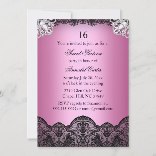 Elegant roze & Black Diamond Lace Sweet 16 Invite Kaart (Achterkant)