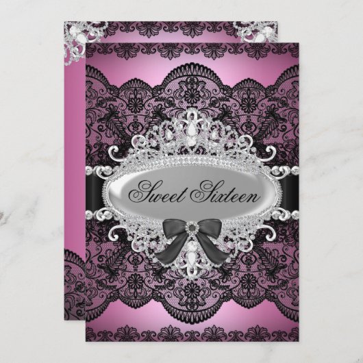 Elegant roze & Black Diamond Lace Sweet 16 Invite Kaart (Voorkant / Achterkant)