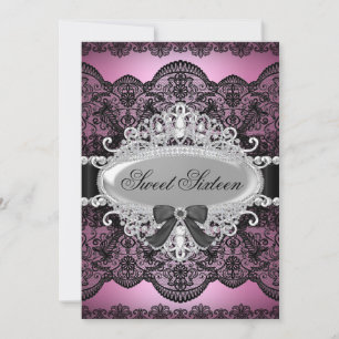 Elegant roze & Black Diamond Lace Sweet 16 Invite Kaart