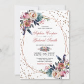 Elegant roze blauw bloemig | Gouden Lijsten bruilo Kaart (Voorkant)