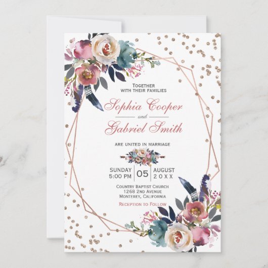 Elegant roze blauw bloemig | Gouden Lijsten bruilo Kaart (Voorkant)