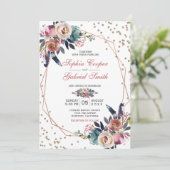 Elegant roze blauw bloemig | Gouden Lijsten bruilo Kaart (Staand voorkant)