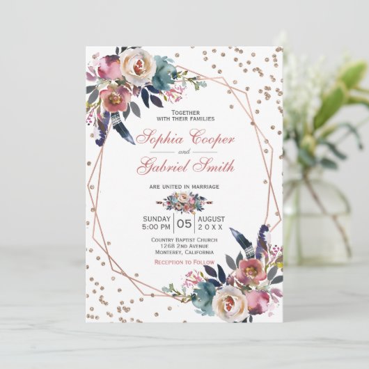 Elegant roze blauw bloemig | Gouden Lijsten bruilo Kaart (Staand voorkant)