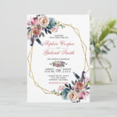 Elegant roze blauw bloemig | Gouden Lijsten bruilo Kaart (Staand voorkant)