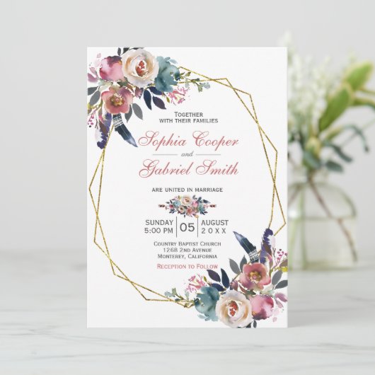 Elegant roze blauw bloemig | Gouden Lijsten bruilo Kaart (Staand voorkant)