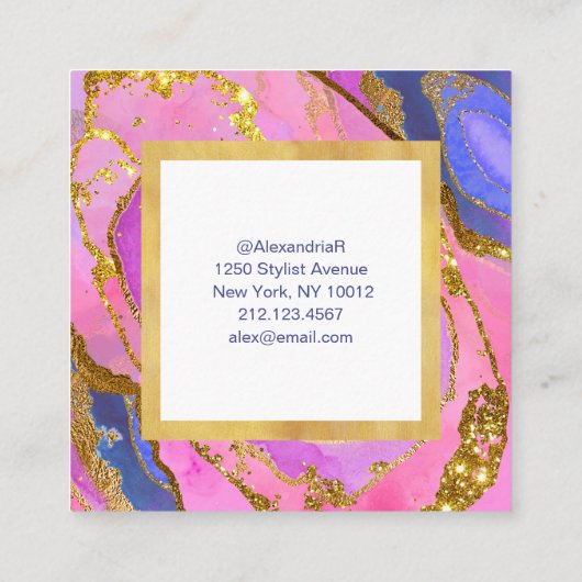 Elegant roze blauw en goudgeode vierkante visitekaartje (Achterkant)