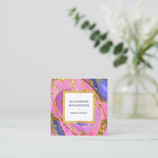 Elegant roze blauw en goudgeode vierkante visitekaartje (Staand voorkant)
