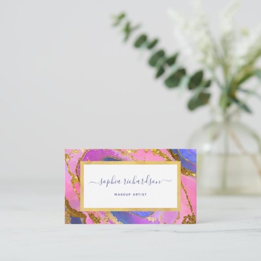 Elegant roze blauw en goudgeode visitekaartje (Staand voorkant)
