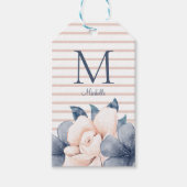 Elegant Roze Blauw Floral Monogram Naam Striped Cadeaulabel (Voorkant)