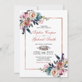 Elegant Roze Blauw Floral | Roos Gold Lijst Wedden Kaart