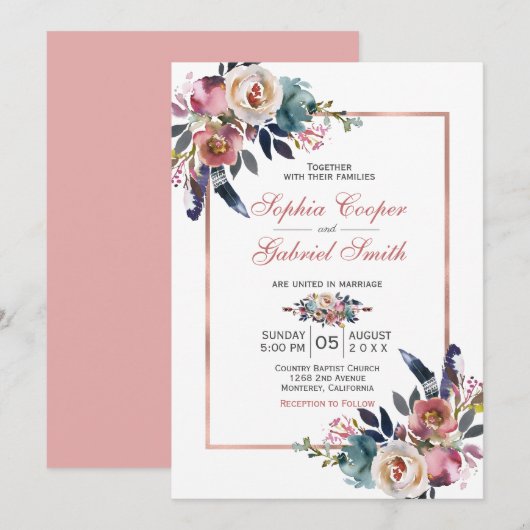 Elegant Roze Blauw Floral | Roos Gold Lijst Wedden Kaart (Voorkant / Achterkant)