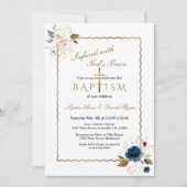 Elegant Roze Blauw Goud Bloemen Tweeling Doop Kaart (Voorkant)