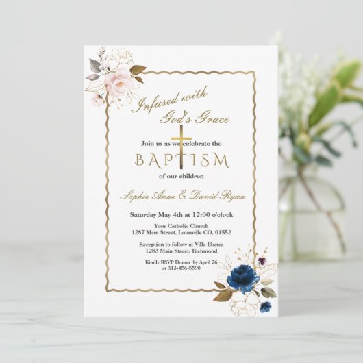 Elegant Roze Blauw Goud Bloemen Tweeling Doop Kaart (Staand voorkant)