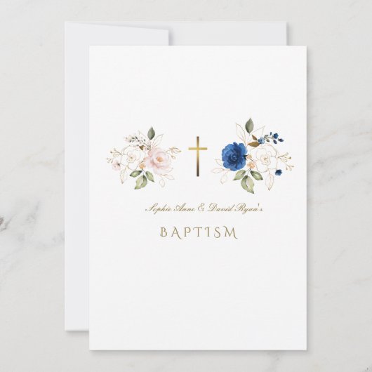 Elegant Roze Blauw Goud Bloemen Tweeling Doop Kaart (Achterkant)