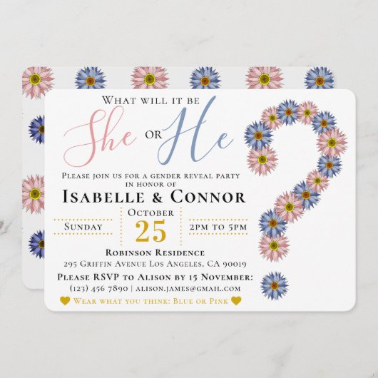 Elegant roze blauw hij of zij bloemengeslacht onth kaart (Voorkant / Achterkant)