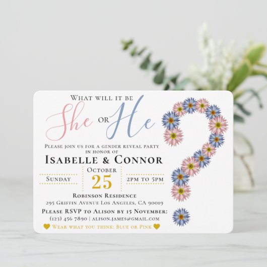 Elegant roze blauw hij of zij bloemengeslacht onth kaart (Staand voorkant)