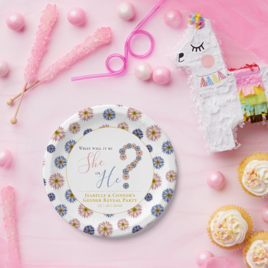 Elegant roze blauw hij of zij bloemengeslacht onth papieren bordje (Feest)