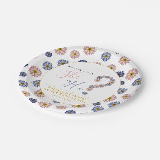 Elegant roze blauw hij of zij bloemengeslacht onth papieren bordje (Gekanteld)