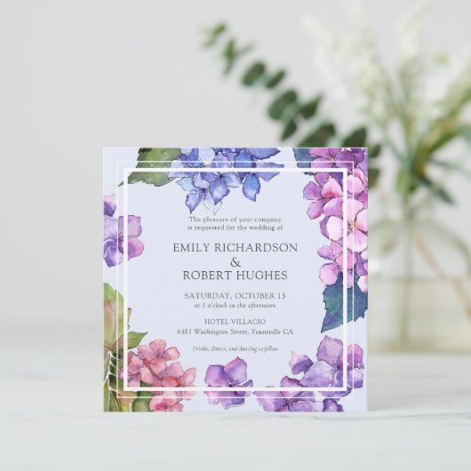 Elegant Roze Blauw Hydrangea Bloemenbruiloft Kaart (Staand voorkant)