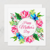 Elegant Roze Blauw Waterverf Happy Moederdag Feestdagenkaart (Voorkant / Achterkant)