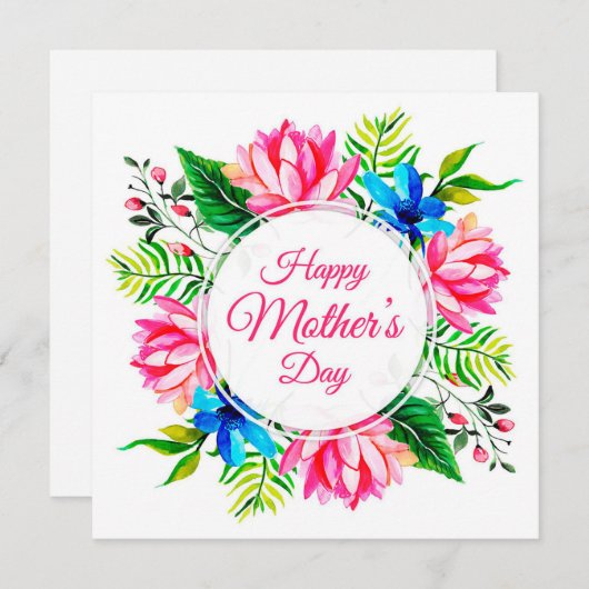 Elegant Roze Blauw Waterverf Happy Moederdag Feestdagenkaart (Voorkant / Achterkant)