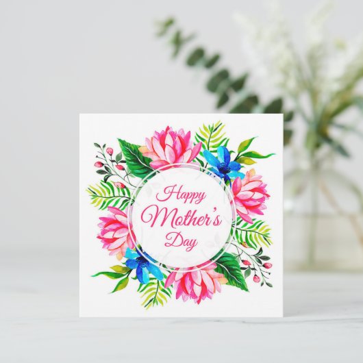 Elegant Roze Blauw Waterverf Happy Moederdag Feestdagenkaart (Staand voorkant)