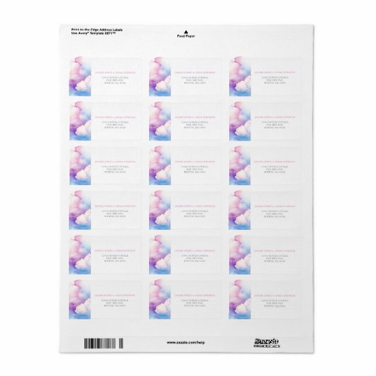 Elegant Roze Blauw Wit Wolken Monogram Bruiloft Etiket (Full Sheet)