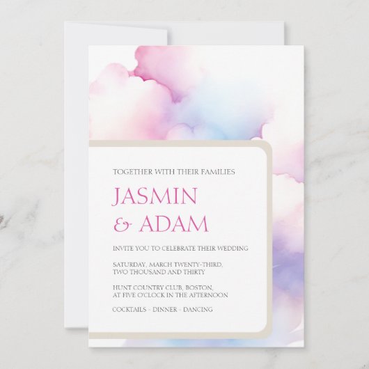 Elegant Roze Blauw Wit Wolken Monogram Bruiloft Feestdagenkaart (Voorkant)