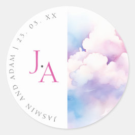 Elegant Roze Blauw Wit Wolken Monogram Bruiloft Ronde Sticker
