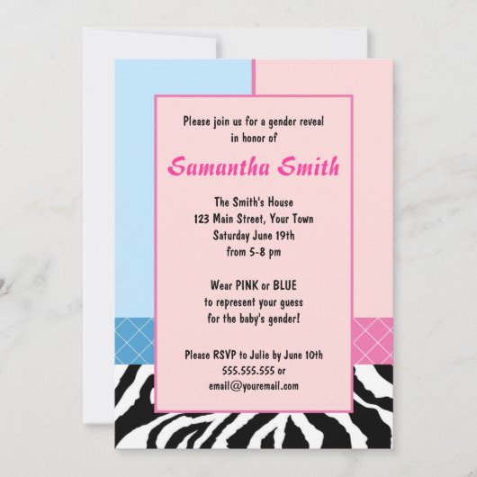 Elegant roze blauw Zebra Genderfeest Uitnodiging (Voorkant)
