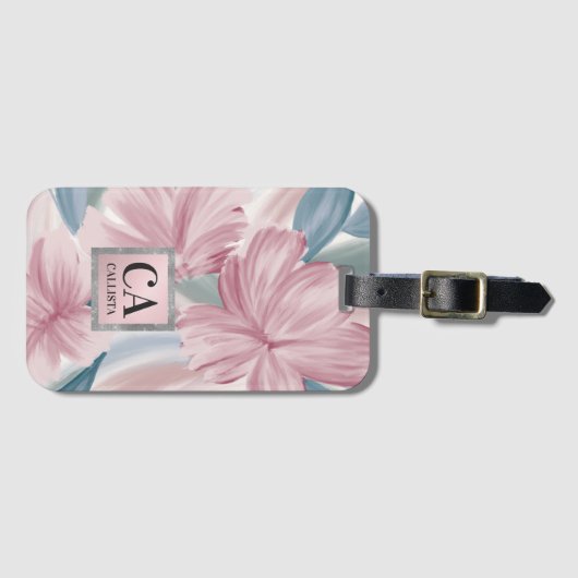 Elegant roze blauw zilver groen glitter monogram bagagelabel (Voorkant (horizontaal))