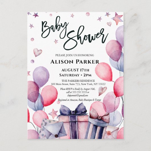 Elegant Roze Blauwe Ballonnen Sterren Kleur Baby s Uitnodiging Briefkaart (Voorkant)