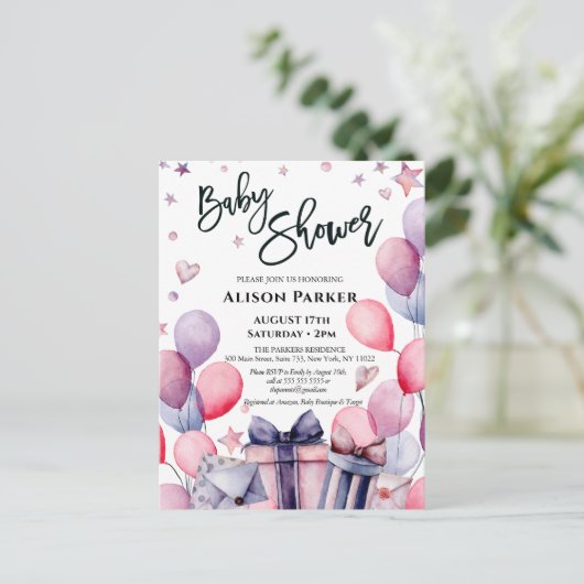 Elegant Roze Blauwe Ballonnen Sterren Kleur Baby s Uitnodiging Briefkaart (Staand voorkant)