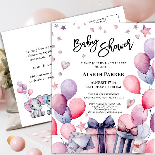 Elegant Roze Blauwe Ballonnen Sterren Kleur Baby s Uitnodiging Briefkaart