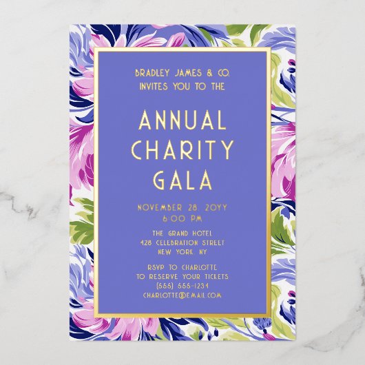Elegant Roze Blauwe Bloem Charity Event Gala Feest Folie Uitnodiging (Voorkant)