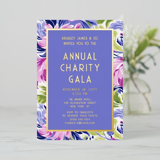 Elegant Roze Blauwe Bloem Charity Event Gala Feest Folie Uitnodiging (Staand Voorkant)