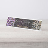 Elegant roze blauwe glitter zwarte luipaard afdruk bureau naambordje (Voorkant)