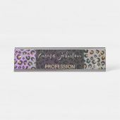 Elegant roze blauwe glitter zwarte luipaard afdruk bureau naambordje (Voorkant)