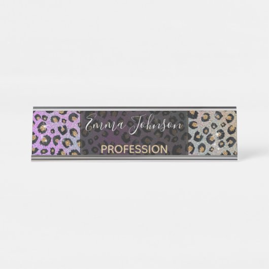 Elegant roze blauwe glitter zwarte luipaard afdruk bureau naambordje (Voorkant)