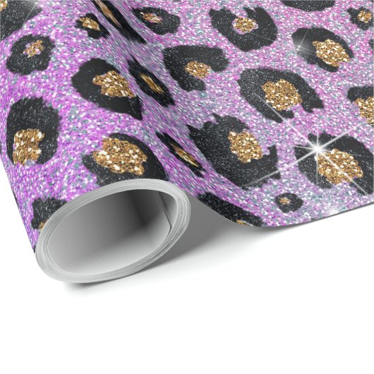 Elegant roze blauwe glitter zwarte luipaard afdruk cadeaupapier (Rol Hoek)