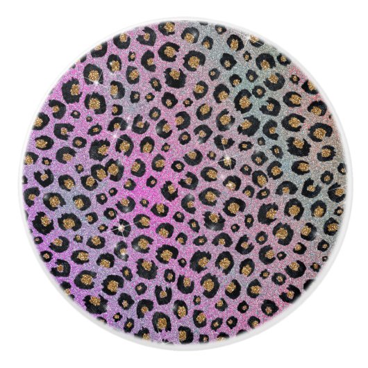 Elegant roze blauwe glitter zwarte luipaard afdruk keramische knop (Voorkant)