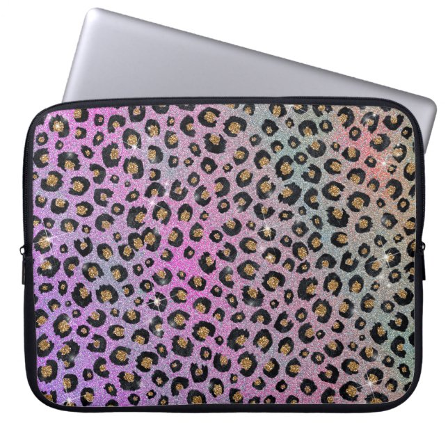 Elegant roze blauwe glitter zwarte luipaard afdruk laptop sleeve (Voorkant)