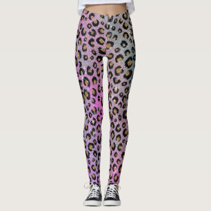 Elegant roze blauwe glitter zwarte luipaard afdruk leggings