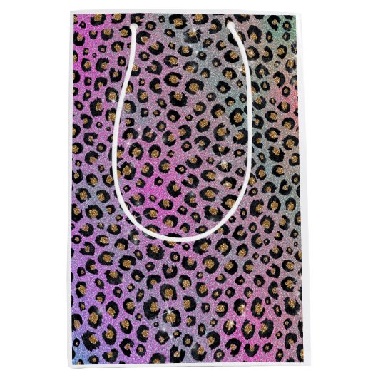 Elegant roze blauwe glitter zwarte luipaard afdruk medium cadeauzakje (Voorkant)
