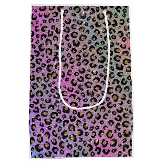 Elegant roze blauwe glitter zwarte luipaard afdruk medium cadeauzakje (Achterkant)