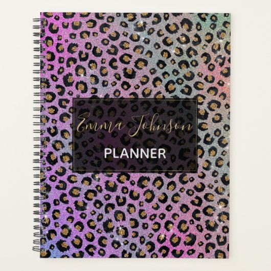 Elegant roze blauwe glitter zwarte luipaard afdruk planner (Voorkant)